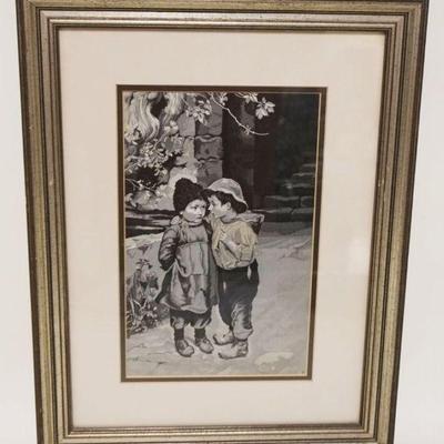 1007	ANTIQUE STEVENGRAPH FRAMED & MATTED IMAGE OF CHILDREN TALKING IN STREET, APPROXIMATELY 15 IN X 20 IN OVERALL
