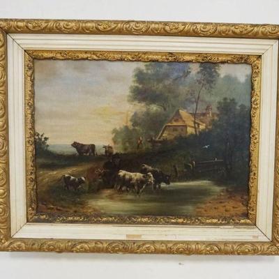 1029	ANTIQUE OIL PAINTING OF COWS WATERING IN A STREAM, SIGNED & DATED LOWER RIGHT E HAKAS 1878, APPROXIMATELY 29 IN X 23 IN
