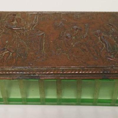 1016	COVERED GLASS BOX, GREEN GLASS BOX W/BRONZE FINISHED ZINC ALLOY METAL TOP DEPICTING A GREEK SCENE, APPROXIMATELY 6 IN X 3 1/2 IN
