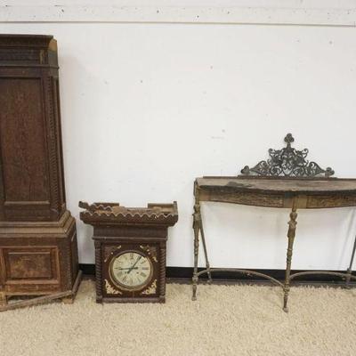 1218	ANTIQUE GRANDFATHERS CLOCK & IRON BASE CONSOLE TABLE, BOTH IN NEED OF RESTORATION
