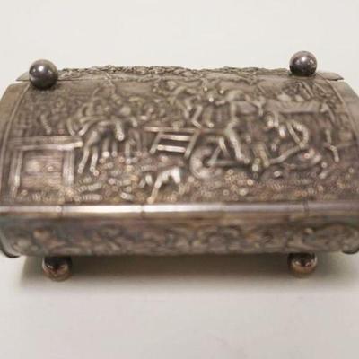 1073	ORNATE SILVERPLATE HINGED BOX W/EMBOSSED MIDIEVAL IMAGES, APPROXIMATELY 4 IN X 4 IN X 2 IN
