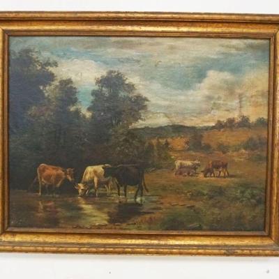 1030	ANTIQUE OIL PAINTING ON CANVAS W/COWS WATERING IN STREAM, APPROXIMATELY 23 IN X 29 IN
