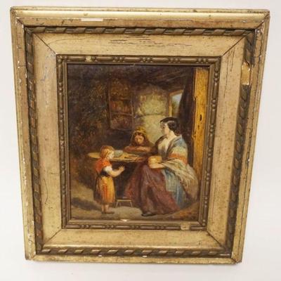 1142	OIL PAINTING ON BOARD OF WOMAN SEATED AT TABLE W/CHILDREN, SIGNED LOWER RIGHT CORNER, APPROXIMATELY 9 1/2 IN X 11 IN OVERALL
