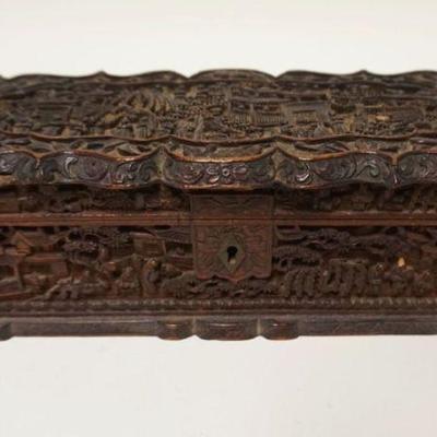 1204	ASIAN INTRICATELY CARVED WOOD BOX, LOSS TO LEFT CORNER, APPROXIMATELY 4 1/4 IN X 10 1/4 IN X 3 1/4 IN HIGH

