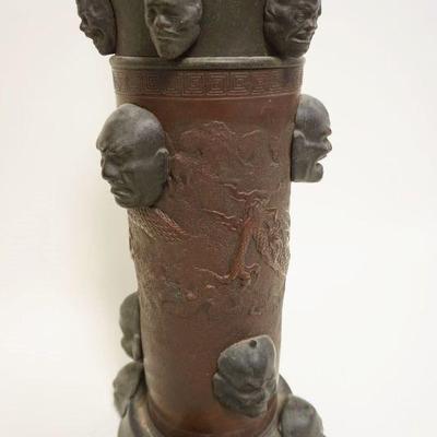 1036	UNUSUAL ASIAN MIXED METAL CYLINDER VASE/LAMP W/APPLIED MASK FACES ALL AROUND, SOME W/HORNS & EMBOSSED DRAGON CIRCLING CYLINDER,...