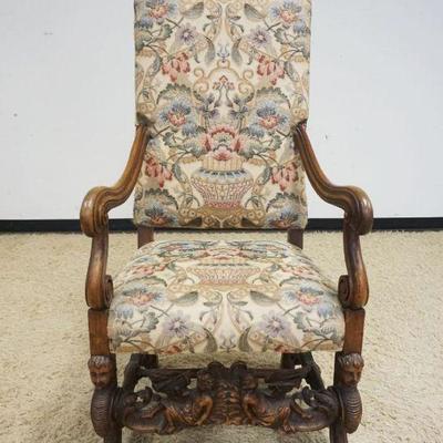 1158	ANTIQUE CONTINENTAL HEAVY CARVED ARMCHAIR W/NEEDLEPOINT UPHOLSTERY & CARVING THROUGHOUT, APPROXIMATELY 57 IN HIGH
