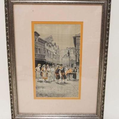 1005	ANTIQUE STEVENGRAPH FRAMED & MATTED COLORED IMAGE OF WOMEN DANCING ON COBBLE STREET IN VILLAGE, APPROXIMATELY 15 IN X 20 IN OVERALL
