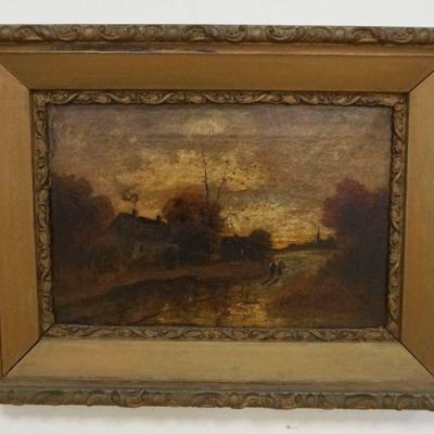 1025	ANTIQUE OIL PAINTING ON CANVAS OF 2 PEOPLE WALKING DOWN A VILLAGE PATH, LOSS TO CANVAS, SIGNED LOWER LEFT, APPROXIMATELY 19 IN X 25 IN
