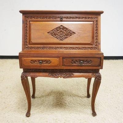 1164	CARVED MAHOGANY SLANT FRONT DESK W/2 DRAWERS & PANELED SIDES, APPROXIMATELY 36 IN X 16 IN X 48 IN HGIH
