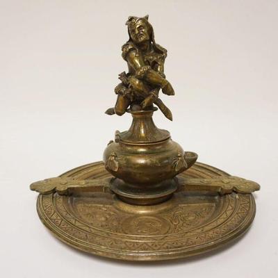 1002	ANTIQUE ORNATE BRASS INKWELL W/FIGURE OF A COURT JESTER ON TOP OF HINGED LID, INKWELL REVOLVES ON BASE 360 DEGREES, APPROXIMATELY 10...