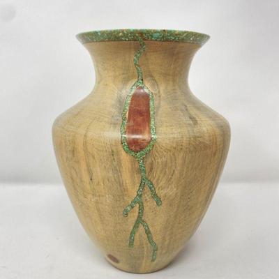 Colorado Springs Artist Larry Fox ~ Ponderosa Pine turned vase with Cripple creek turquoise inlay