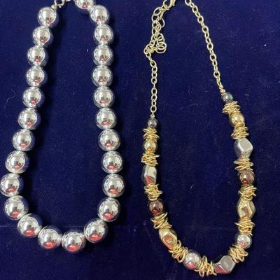 large silver tone bead necklace/ silver, gold and bead necklace