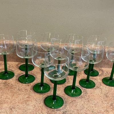 12-green tall stem white wine glasses