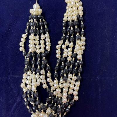 multi strand black, pearl and gold bead necklace