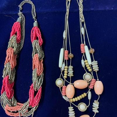 shades of coral seed & gold bead looped multi layer necklace/cream, peach, wood beaded multi layer necklace.