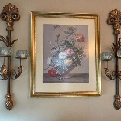 pair of gold ornate wall sconces and Michael Janch floral still life print