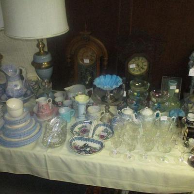 Assorted Antique glassware, china and Victorian clocks