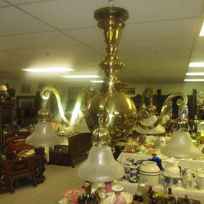 Lg Victorian Brass Light Fixture with Antique Shades