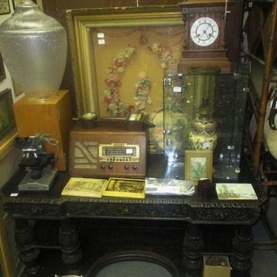 Victorian Yarn Art, Old Radio, Carved Entry Table, 