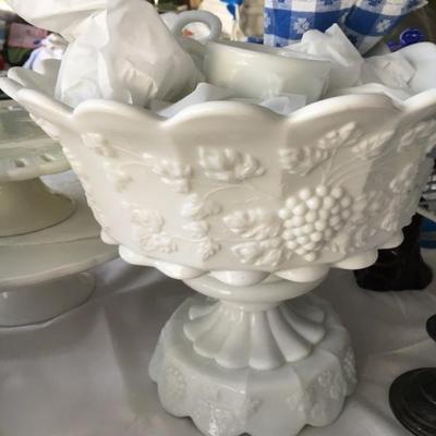 Milk glass punch bowl and cups 