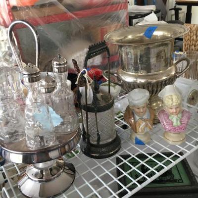 Silver cruet set and a pickle jar with tongs 