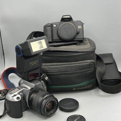 Canon EOD Rebel G & GII With 35-80mm Lens, Quantaray Flash & Samsonite Bag
