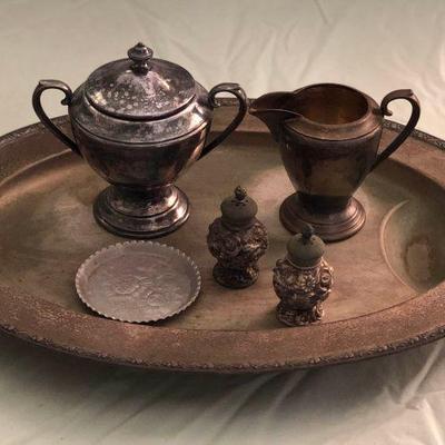 MHT071 - SILVER PLATED TRAY, SUGAR BOWL, POURER AND MORE