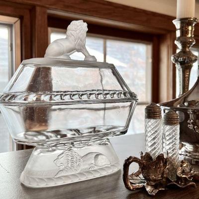 Frosted and clear Lion Covered Dish EAPG
