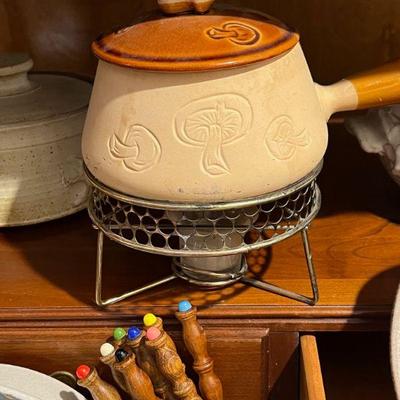Mid-Century fondue with figural mushroom handle. Cute!