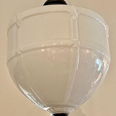 Large Schoolhouse type white glass pendant light with iron tassle