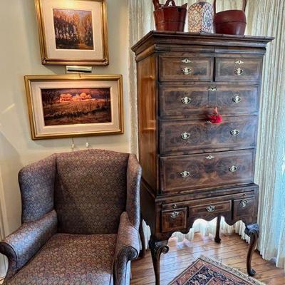 Wing chair and Antique Highboy chest