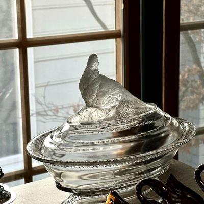 Frosted and clear Pheasant covered dish  EAPG