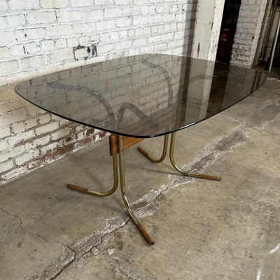 $175 - vintage MCM glass topped brass and wood dining table