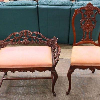 198: Vintage burl mahogany French carved vanity bench and chair, Chair has no stretcher approx. Bench: 32" w x 20" d x 25"...