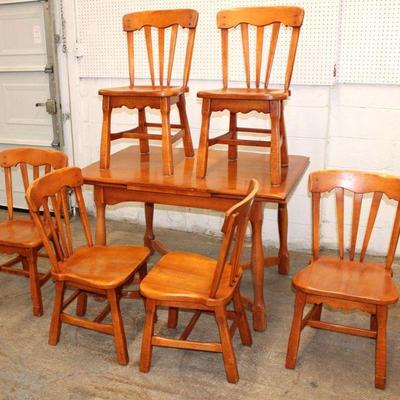 211: Vintage 7pc rock maple refractory dining room table with (2) 14" self storing extensions and (6) chairs in the manner of...