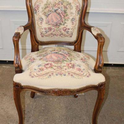 222: French needlepoint on walnut frame arm chair approx. 23" w x 20" d x 37" h seat height 19"