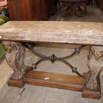 256: Italian style cultured stone rams head console table approx. 60" w x 21" d x 36" h
