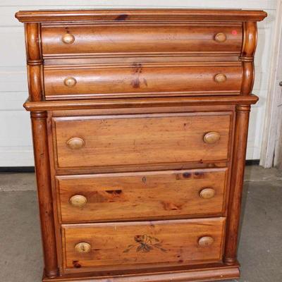 286: Contemporary country style knotty pine 5 drawer high chest approx. 38" w x 20" d x 49" h
