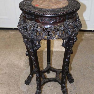 154: Antique Asian carved hardwood marble top stand approx. 18
