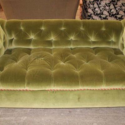 202: Vintage even arm button tufted green velour sofa, missing 1 button approx. 76" w x 40" d x 32" h seat height 19"