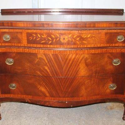 310: Antique burl banded mahogany with inlay 3 drawer low chest approx. 48" w x 20" d x 38" h