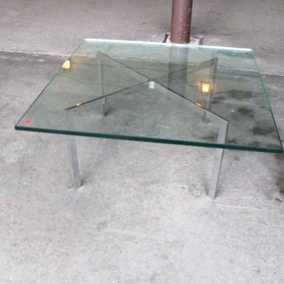 176: Mid century metal back square thick glass cocktail table in the manner of Milo Baughman, glass is good approx. 36