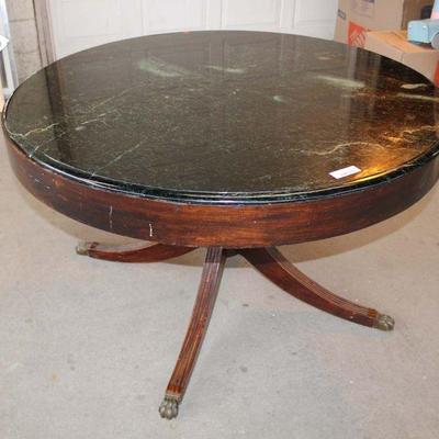 276: Antique round rosewood base culture marble top center table approx. 48" diameter x 29" h