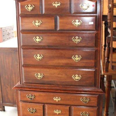295: 2pc Kincaid cherry queen Anne high boy approx. 37" w x 19" d x 77" h top 46"