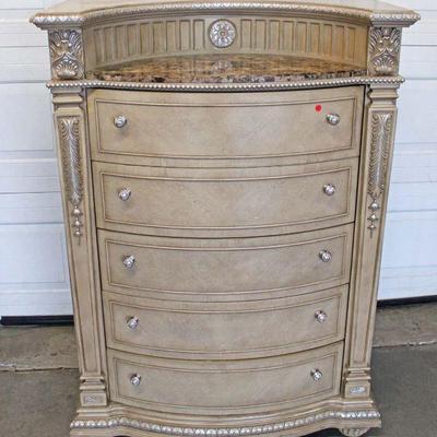284: Contemporary marble top carved corner 5 drawer high chest approx. 42" w x 20" d x 58" h
