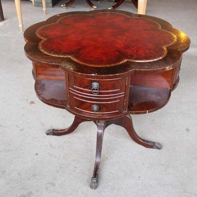 275: Vintage leather top clover shape top mahogany drum table approx. 36" diameter x 32" h