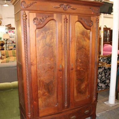 253: Antique Victorian walnut 2 door 2 drawer carved wardrobe approx. 55" w x 21" d x 82" h
