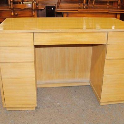 227: Drexel mid century 9 drawer kneehole desk with bookcase front in the blond finish, top does have wear approx. 48" w x 24"...
