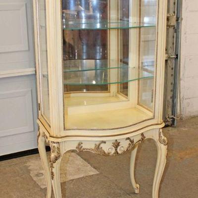 193: Vintage French style side load curve glass curio cabinet with glass shelves by Milano Brothers of Chicago approx. 23