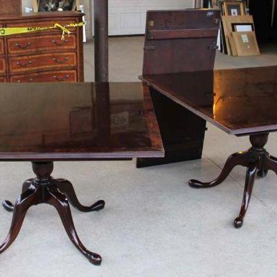 279: 2 part rosewood and mahogany banded banquet style table with (1) 22" leaf, each part approx. 48" w x 48" d x 30" h